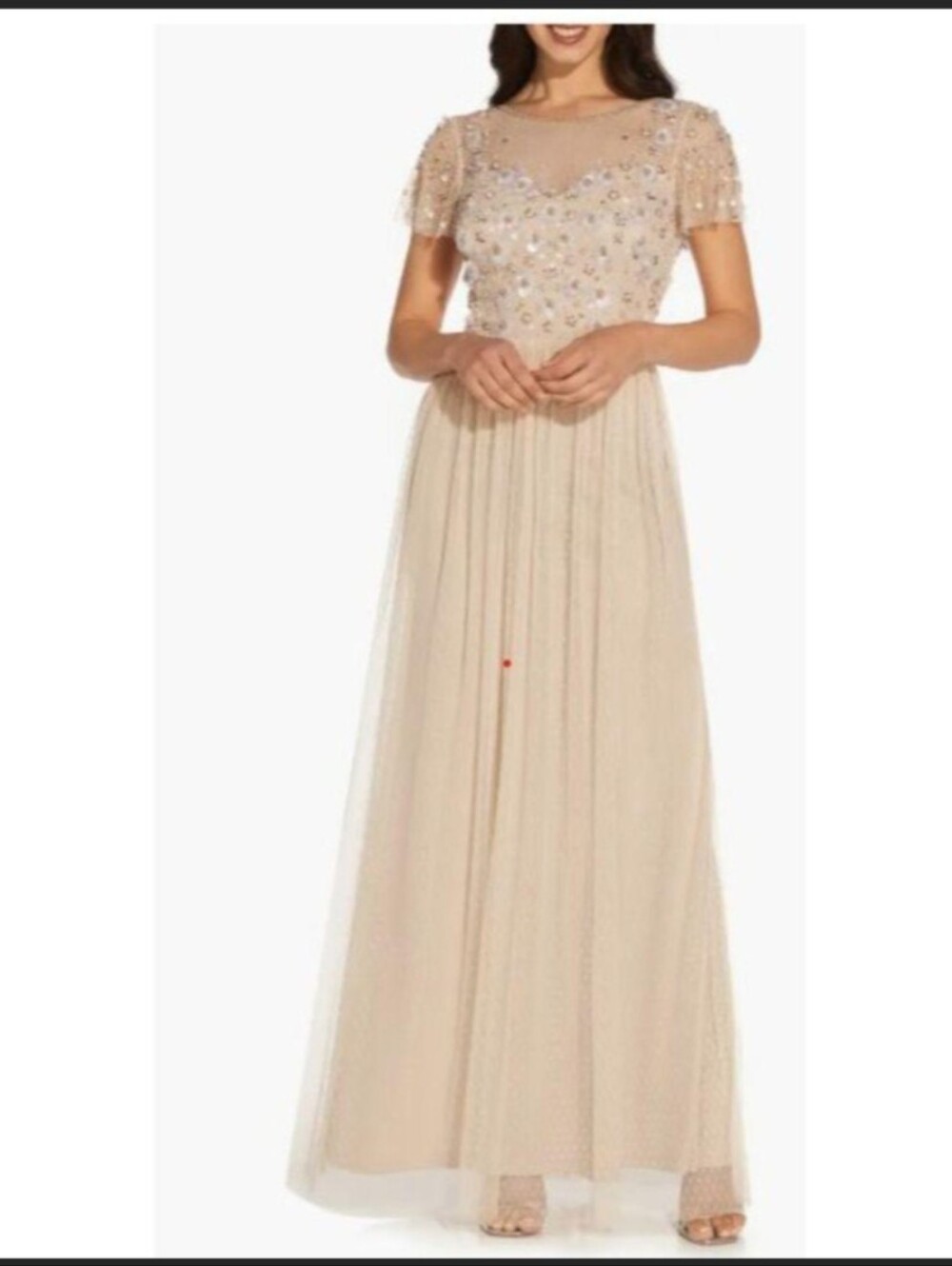 Adrianna Papell Floral 3D Beaded‎ Lace Illusion Biscotti Champagne Gown Size 12